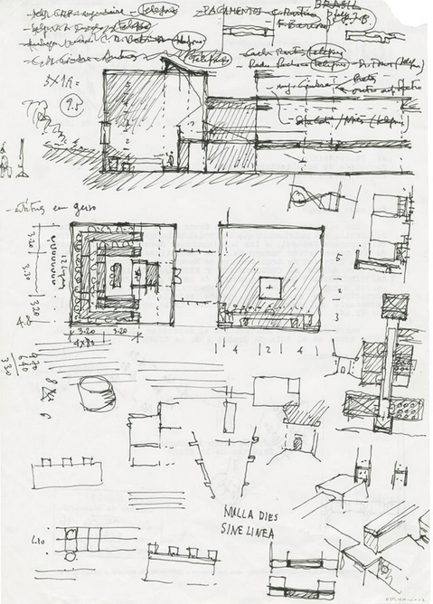 Fernando Távora, Escola de Arquitectura da Universidade do Minho, Esquissos da Sala de Desenho, s.d., s.e, A4 FIMS/ FT/ 0194 A - pd 0002. Cortesia da Fundação da Cidade de Guimarães.