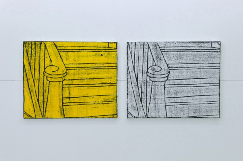 Matt Mullican, Comic Details (Stairs), Pastel de óleo e guache sobre tela, Oil-stick rubbing and gouache on canvas, Díptico | Diptych, instalação | installation 50 × 129 cm (cada | each 50 × 60 cm).