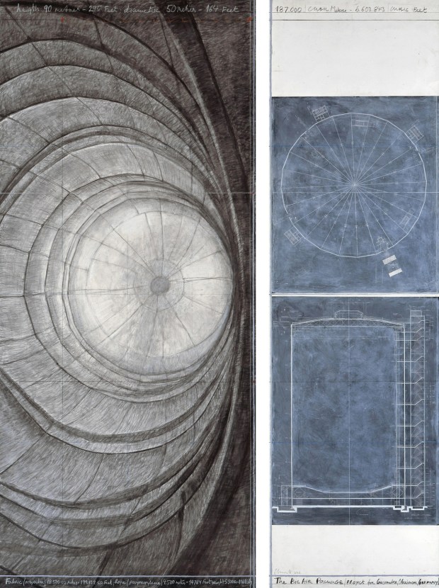 Christo, The Big Air Package (Project for Gasometer, Oberhausen, Germany), Drawing 2012 in two parts 96 x 42" and 96 x 28" (244 x 106.6 cm and 244 x 71 cm). Pencil, charcoal, pastel, wax crayon, wash and architectural plans, Photo: André Grossmann © 2012 Christo