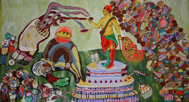 Sara Maia, não há pão, comam bolos, acrílico s.papel, 2013.